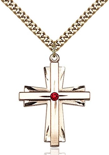 Bonyak Jewelry Gold Fulling Cross Cross กับ 3 มม. กรกฎาคมคริสตัลสีแดง 1 1/4 x 7/8 นิ้วพร้อมห่วงโซ่ขอบถนนหนัก